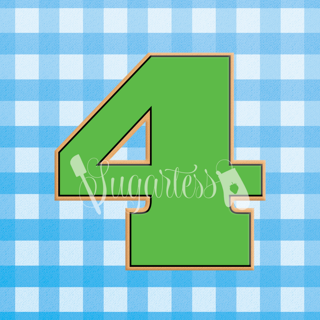 Sugartess custom cookie cutter in shape of a green serif block or bold number four.