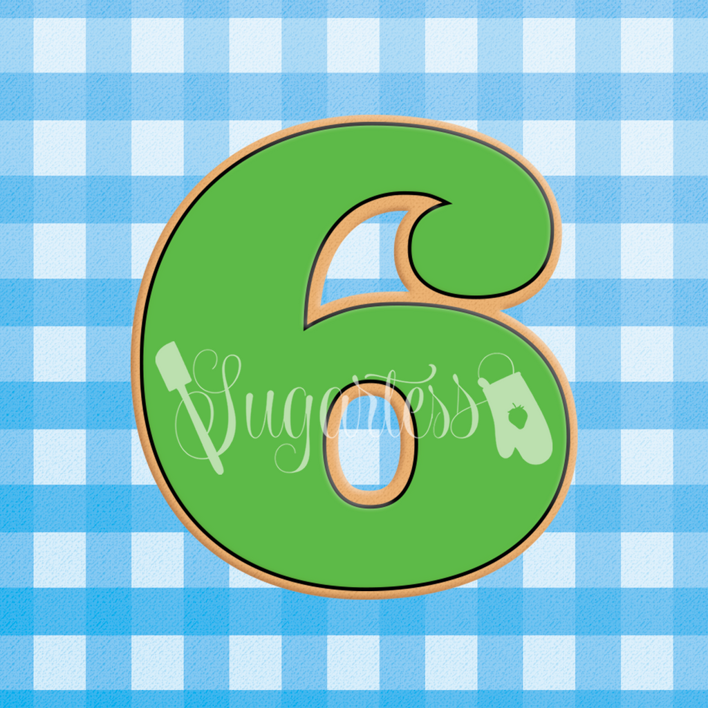 Sugartess custom cookie cutter in shape of a green serif block or bold number six.