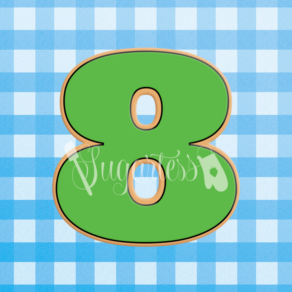 Sugartess custom cookie cutter in shape of a green serif block or bold number eight.