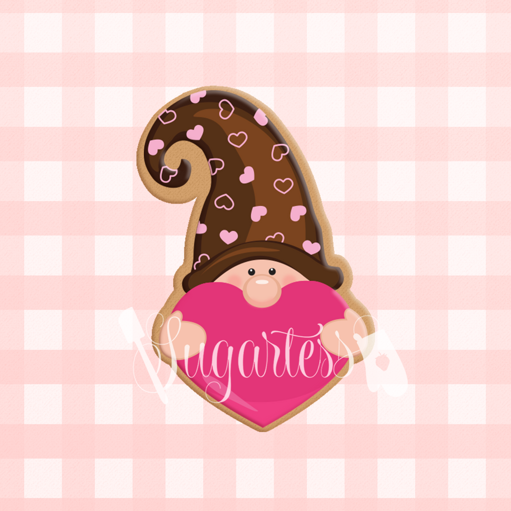 Sugartes custom cookie cutter in shape of heart peek-a-boo gnome.