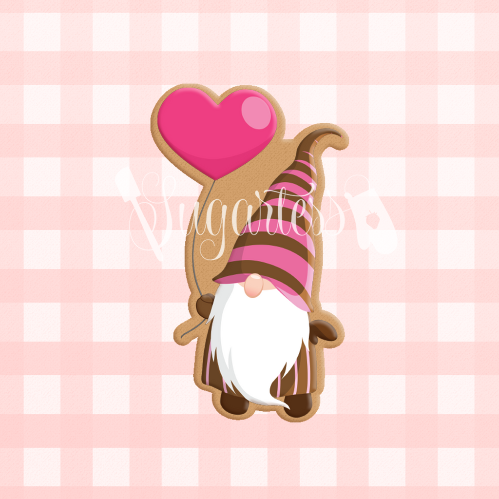 Sugartess custom cookie cutter in shape of boy gnome with heart-shaped balloon.