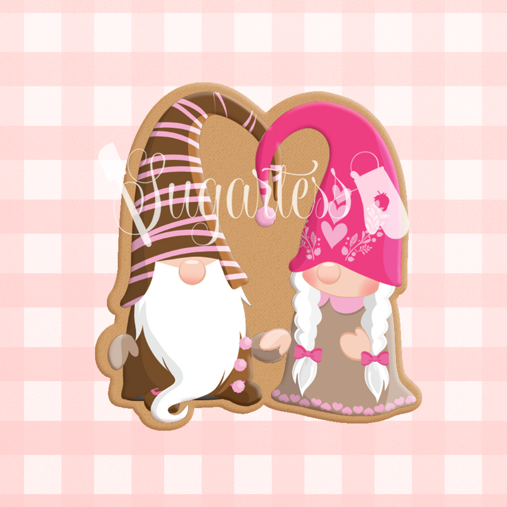 Sugartess custom cookie cutter in shape of gnome girl and boy sweethearts.