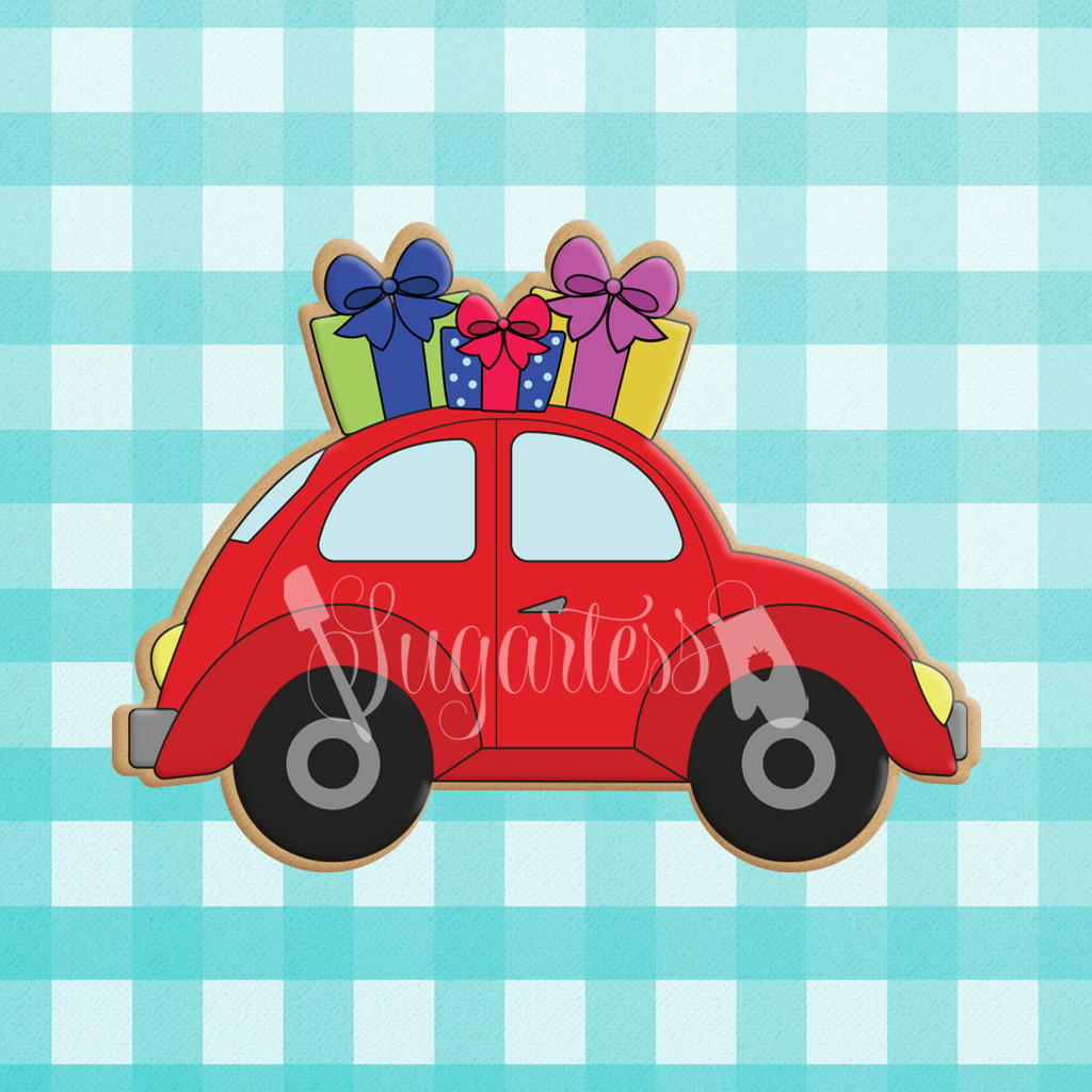 Sugartess holiday shopping Volkswagen beetle car with presents on top.