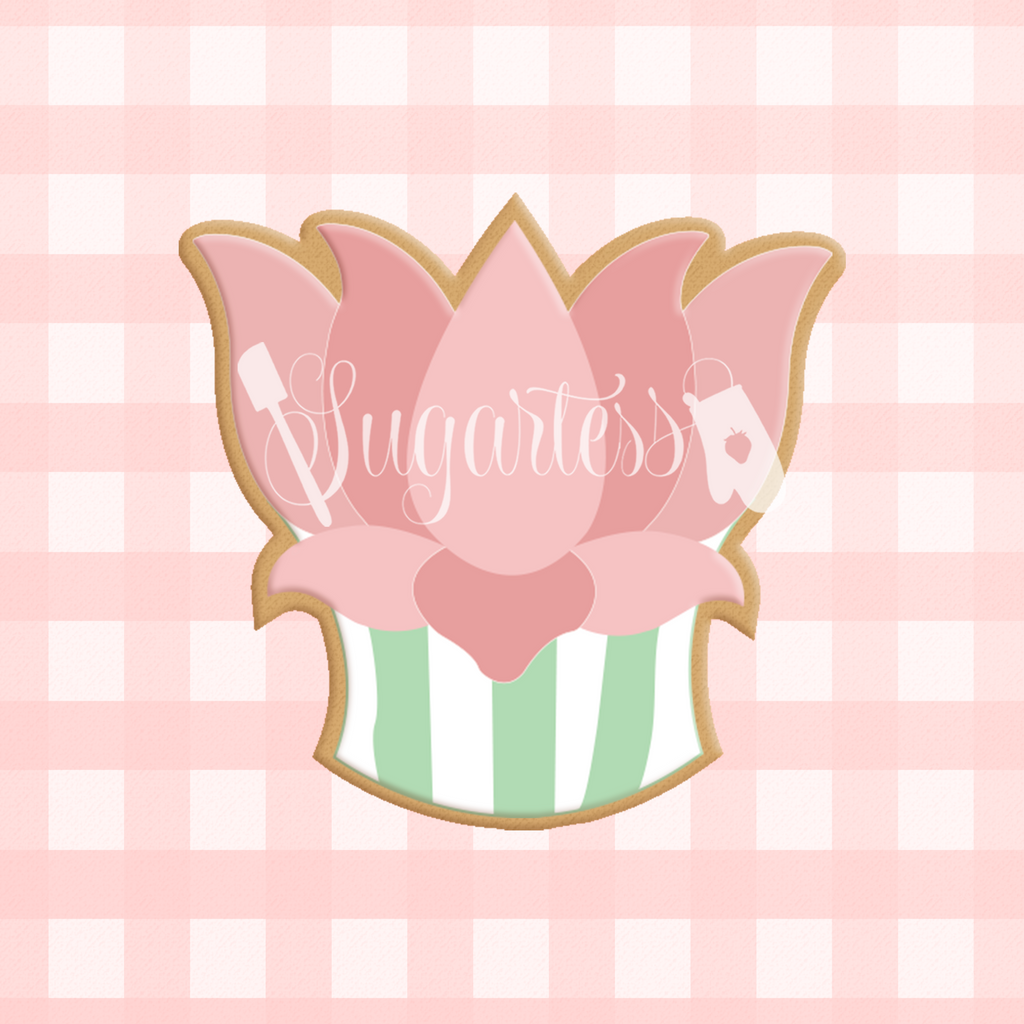 Sugartess custom cookie cutter in shape of floral water lily cupcake.