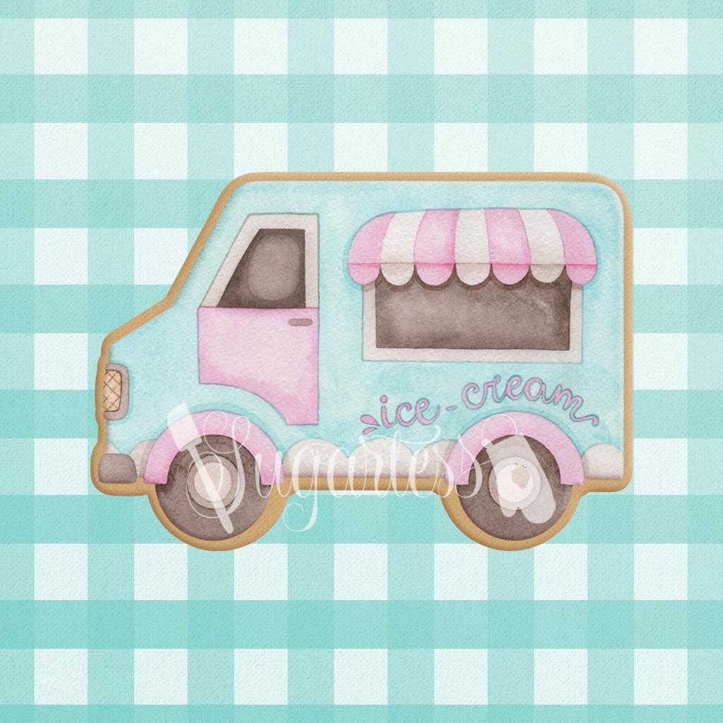 Sugartess cookie cutter in shape of a watercolor ice cream truck.