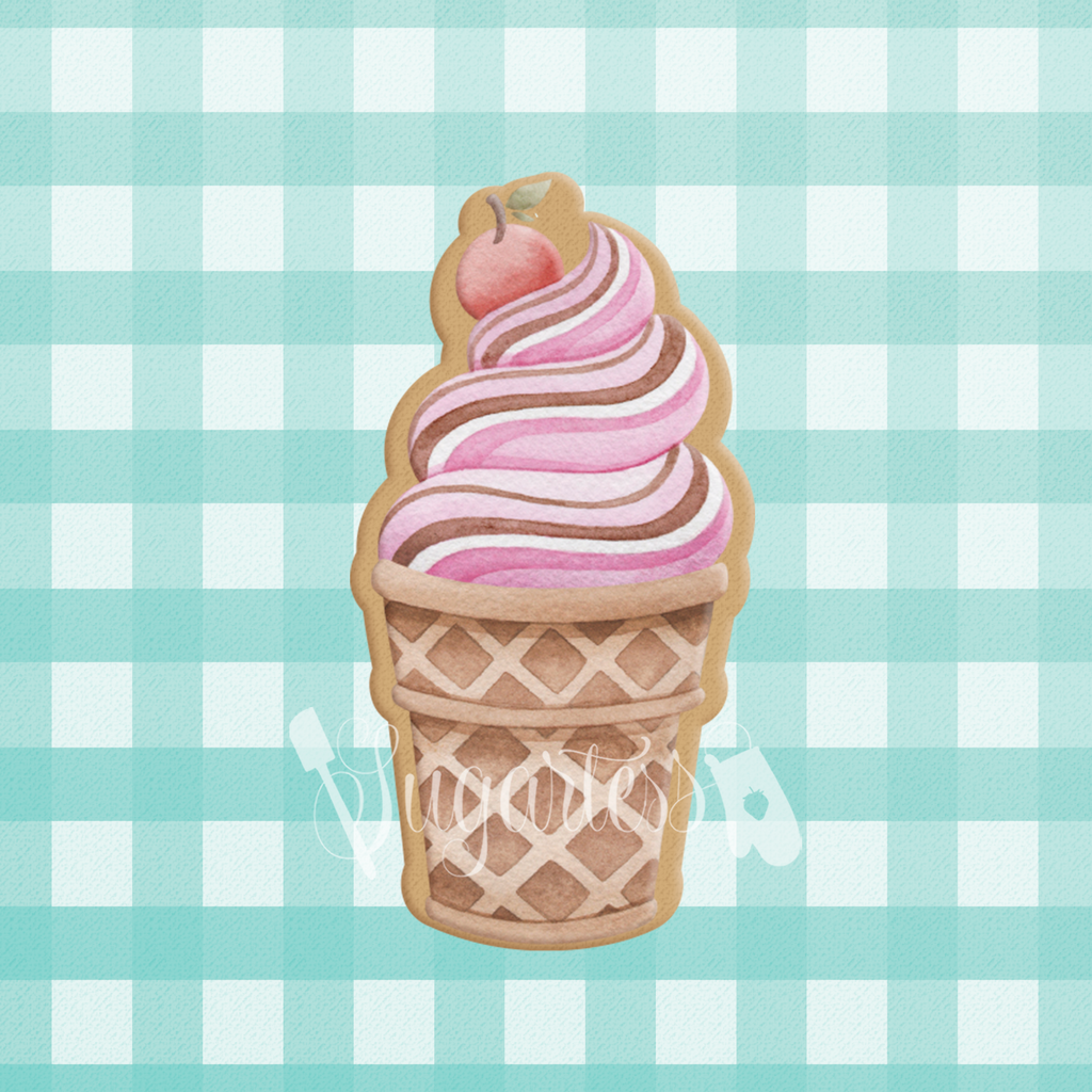 Sugartess cookie cutter in shape of watercolor ice cream cone or cup.