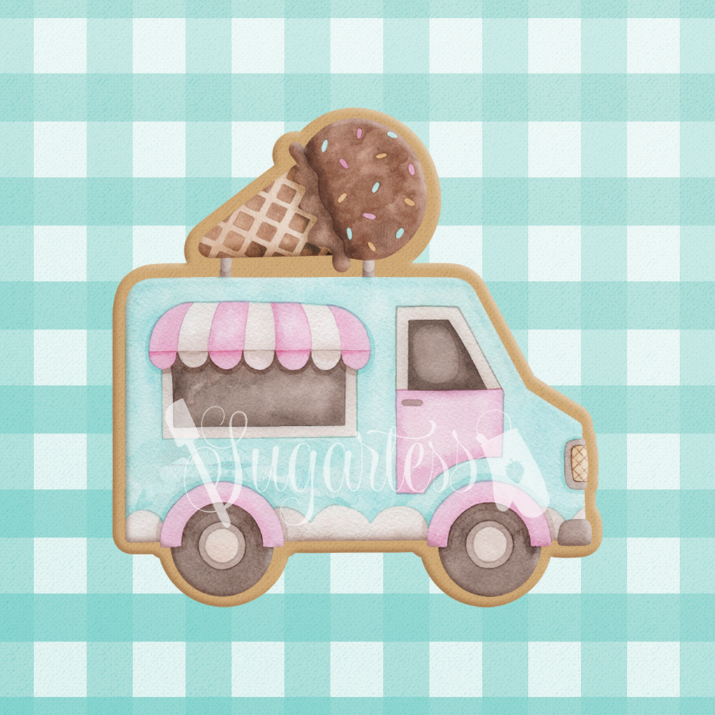 Sugartess cookie cutter in shape of Watercolor ice cream truck with chocolate ice cream Cone on top.