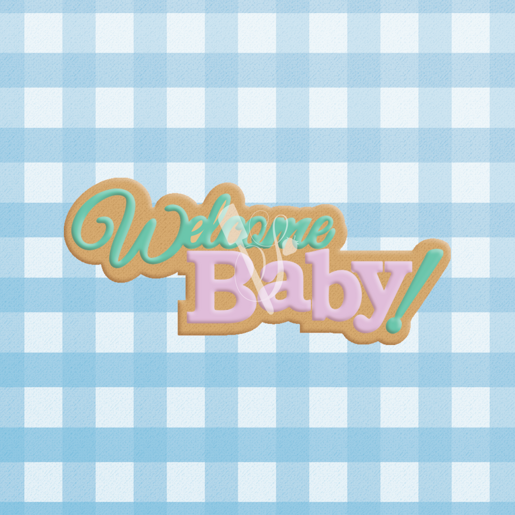 Sugartess custom cookie cutter in shape of welcome baby word plaque.