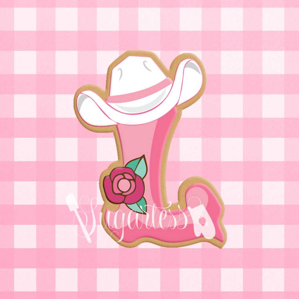 Sugartess custom cookie cutter in shape of floral western cowgirl font with letters, symbols and numbers with hat and rose.