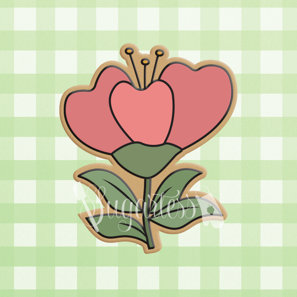 Sugartess custom cookie cutter in shape of a fantasy wild flower with leaves.
