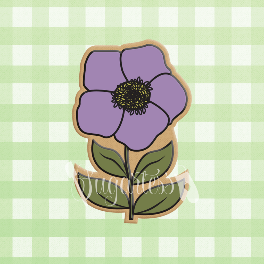 Sugartess custom cookie cutter in shape of a fantasy purple wild flower with leaves.