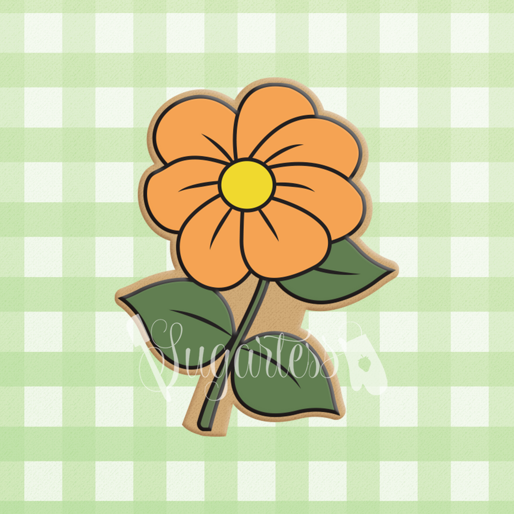 Sugartess custom cookie cutter in shape of a fantasy orange wild flower with leaves.