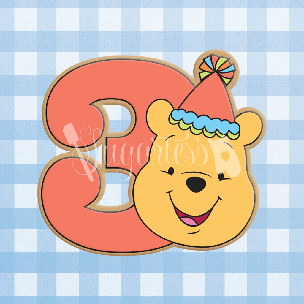 Sugartess Number Three  Winnie Pooh Bear with Party Hat cookie cutter.