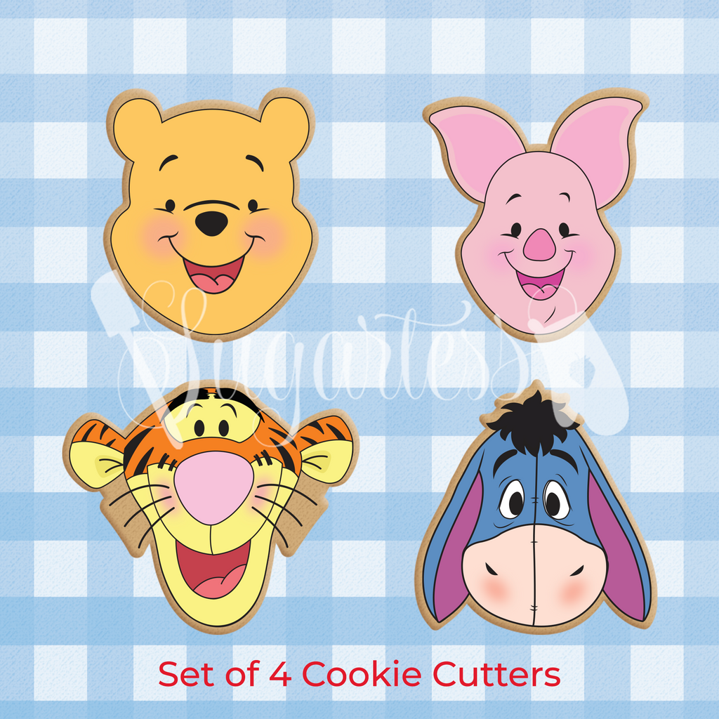 Sugartess custom cookie cutter set of 4: Winnie the Pooh, Piglet, Tigger, and Eeyore heads.