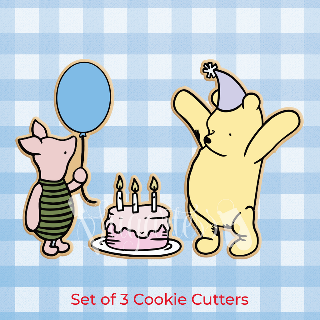 Sugartess cookie cutter set of 3: Classic Winnie The Pooh with party hat, Piglet holding balloon, and birthday cake with 3 candles.