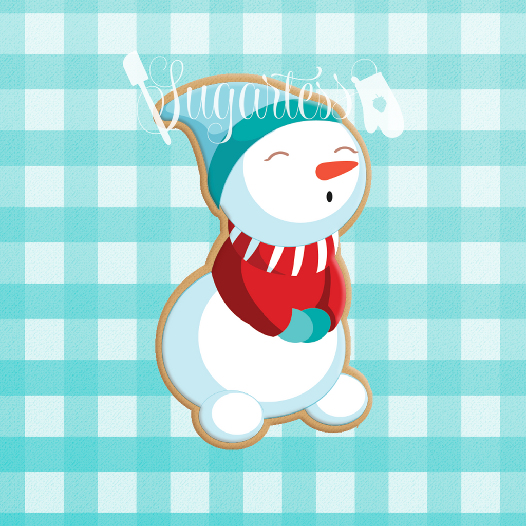 Sugartess cookie cutter in shape of singing snowman. 3D printed from biodegradable PLA plastic in different sizes ranging from 2 to 6 inches.