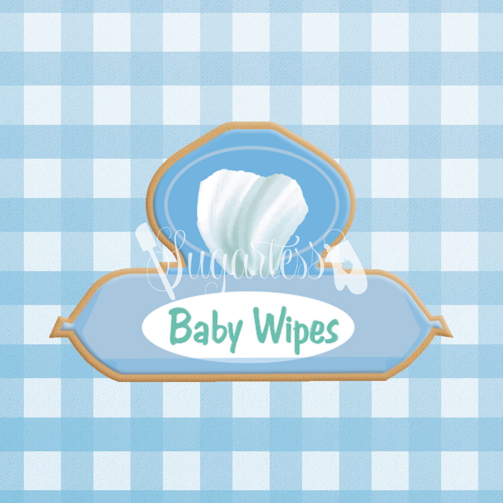 Sugartess custom cookie cutter in shape of pack of baby disposable wipes.