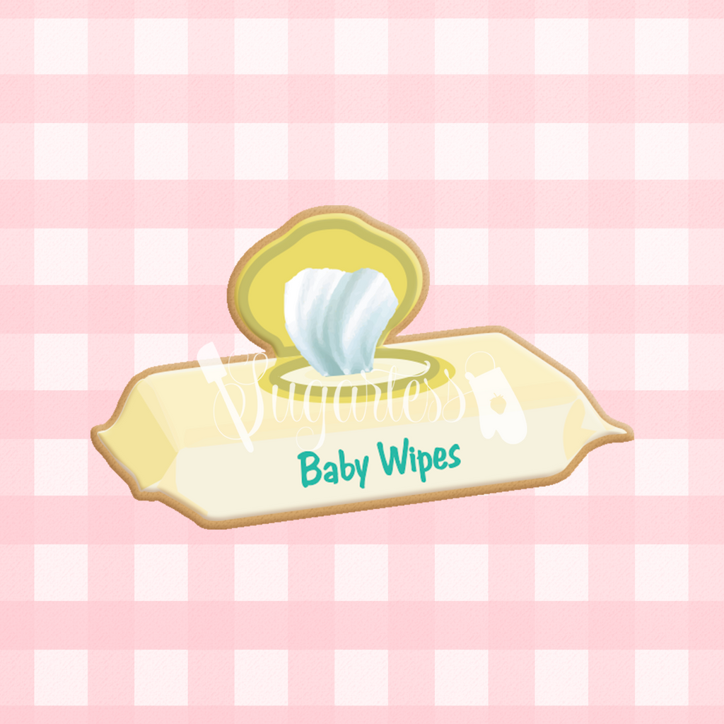 Sugartess custom cookie cutter in shape of side view of pack of disposable baby wipes.