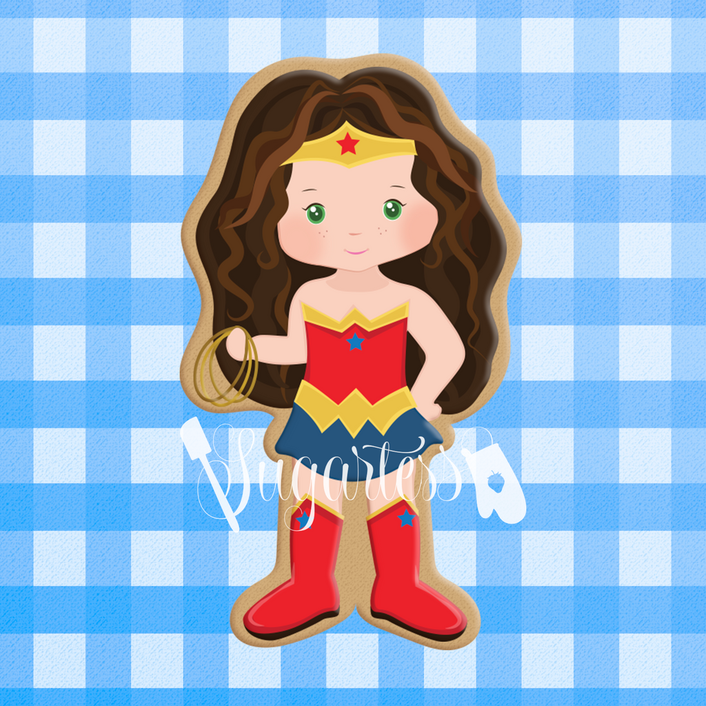 Sugartess custom cookie cutter in shape of Wonder Girl super hero.