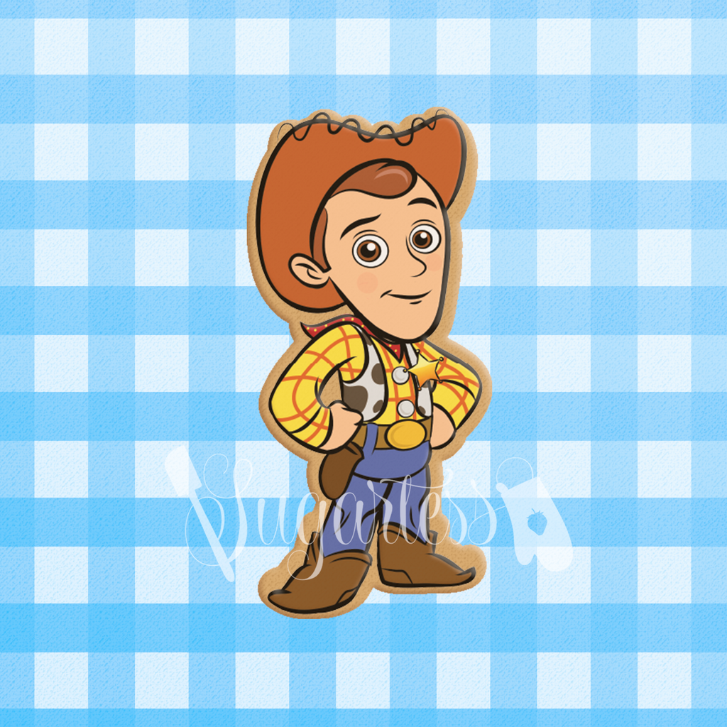 Sugartess custom cookie cutter in shape of toy cowboy character standing.