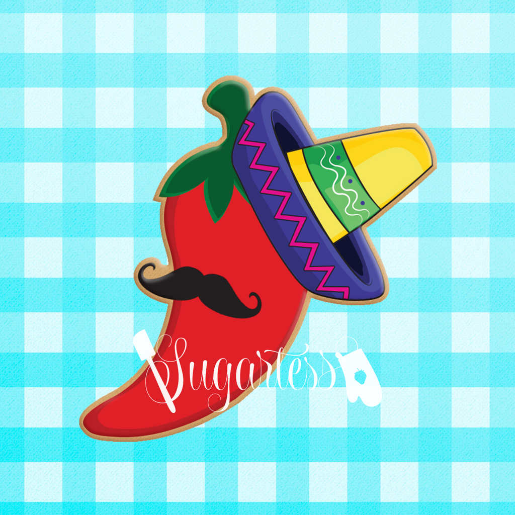 Sugartess custom cookie cutter in shape of Mr. Chili with mustache and sombrero.