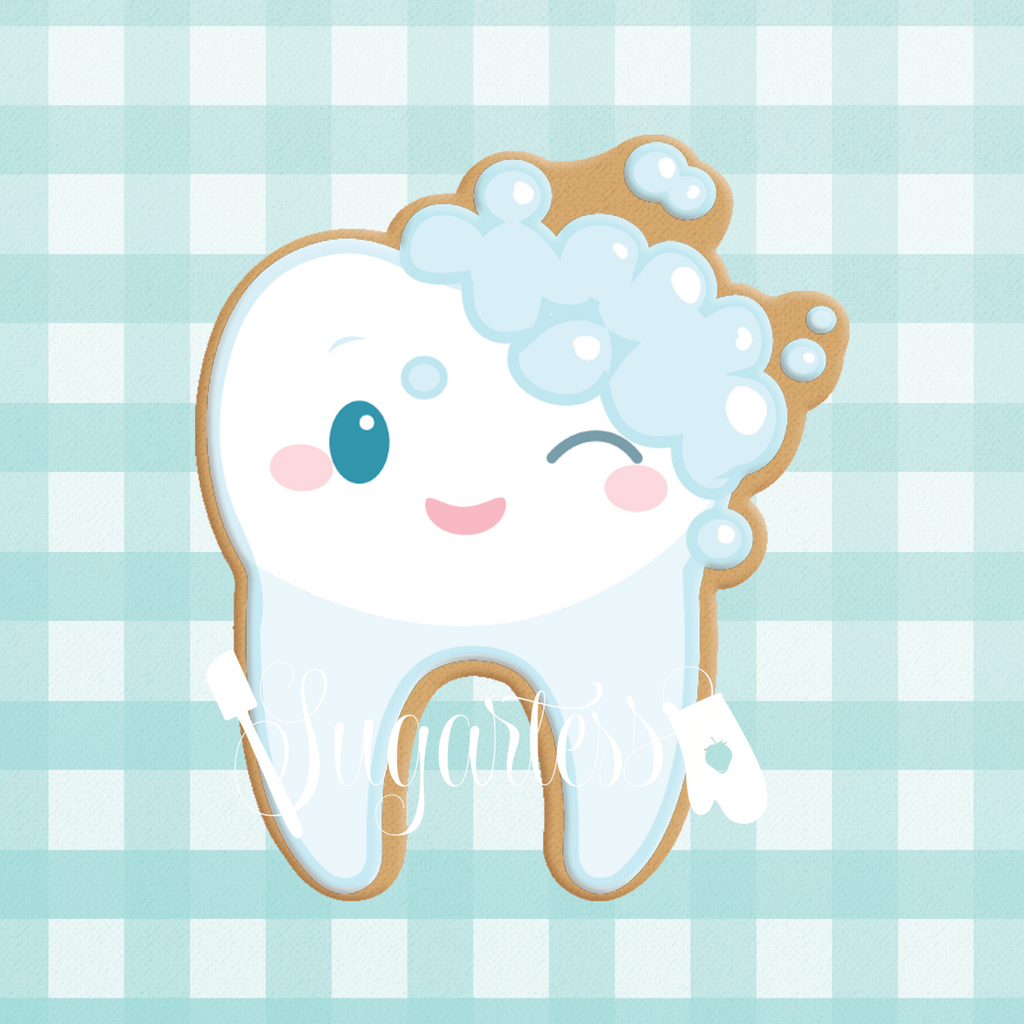 Sugartess custom cookie cutter in shape of kawaii cartoon tooth with toothpaste bubbles.