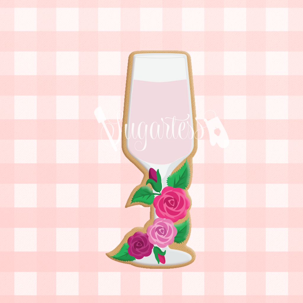 Sugartess custom cookie cutter in shape of floral champagne flute glass with rosettes.