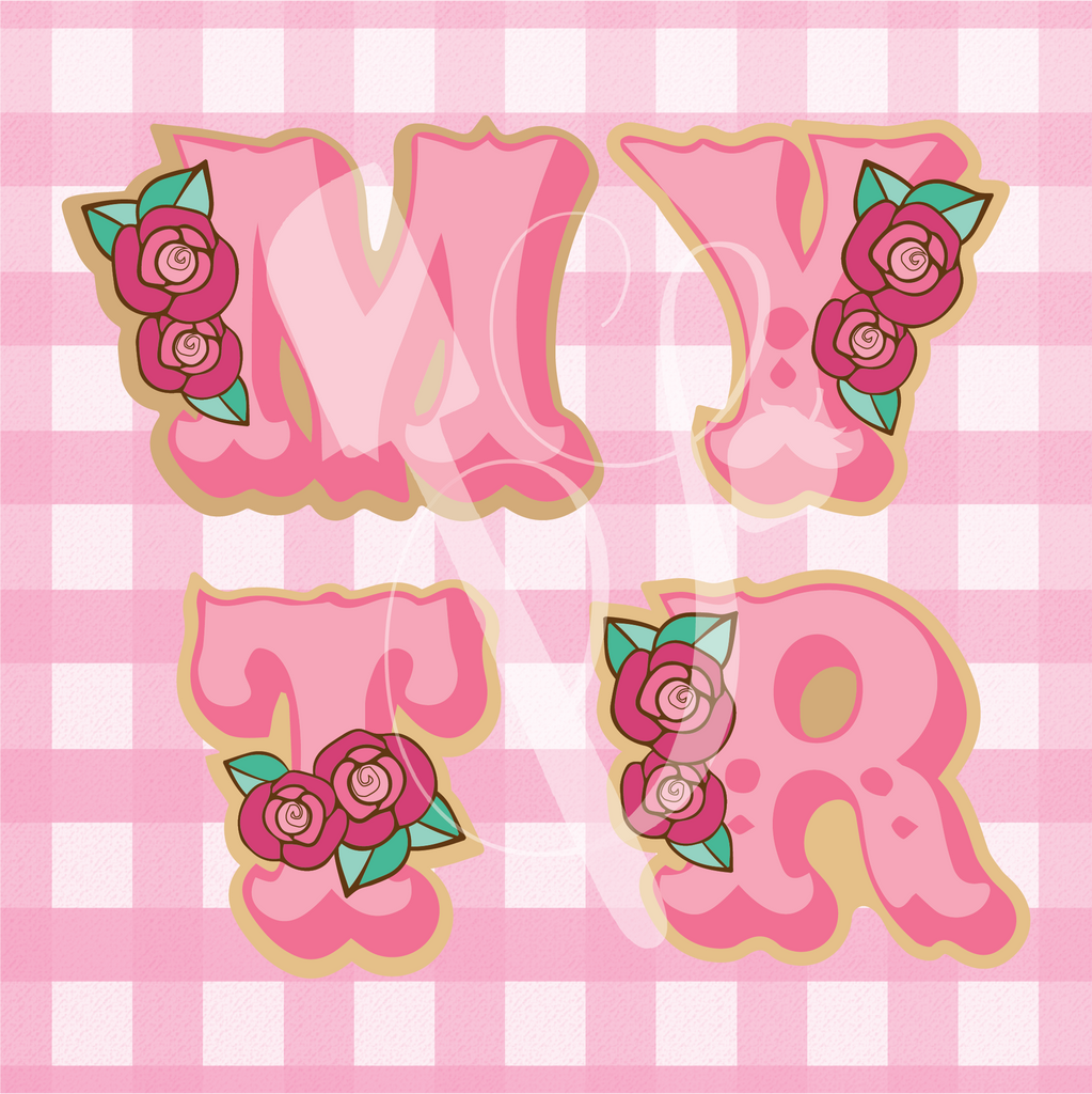 Sugartess custom cookie cutter in shape of floral font letters, symbols and numbers.