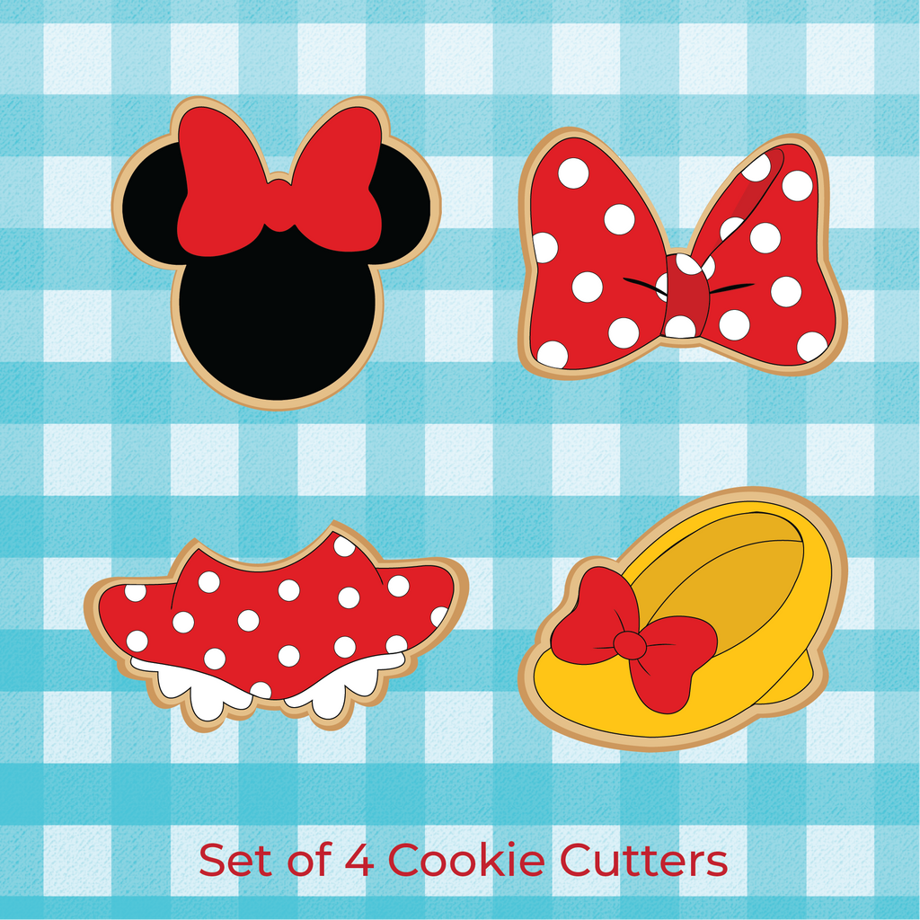 Sugartess custom mini cookie cutter set of cartoon girl mouse in shape of head with bow, bow headpiece, skirt, and shoe with bow.