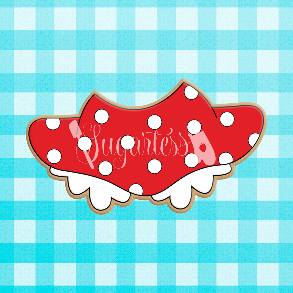 Sugartess custom cookie cutter in shape of cartoon girl mouse polka dot skirt.